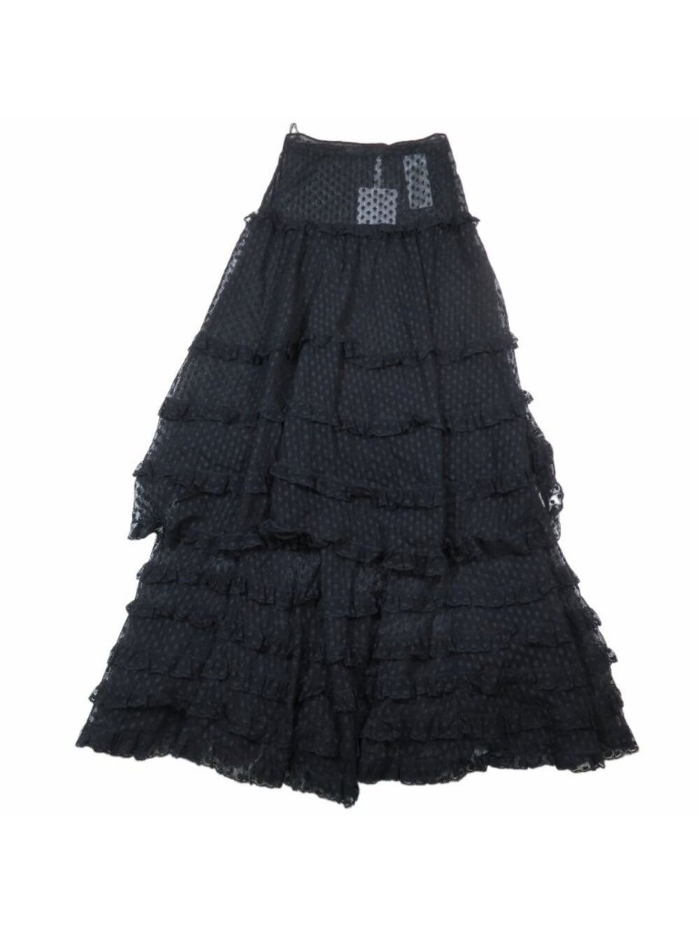 Dior Dot Tulle Mesh Flare Long Skirt Tiered Sheer Black 34